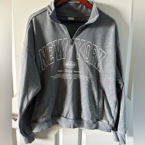 New York Graphic Quarter Zip Sweatshirt Gray Oversized XL
